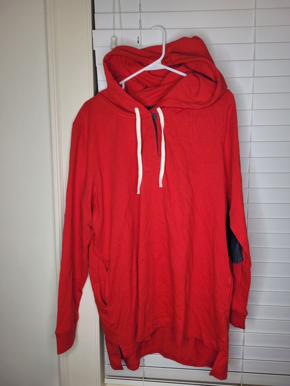 Lands' End Mens Pullover Sweatshirt L Red Hooded Long Sleeve Elbow Patches New